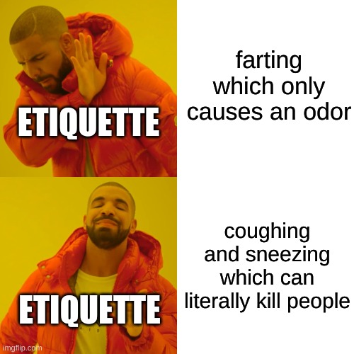 social etiquette | farting which only causes an odor; ETIQUETTE; coughing and sneezing which can literally kill people; ETIQUETTE | image tagged in memes,drake hotline bling | made w/ Imgflip meme maker