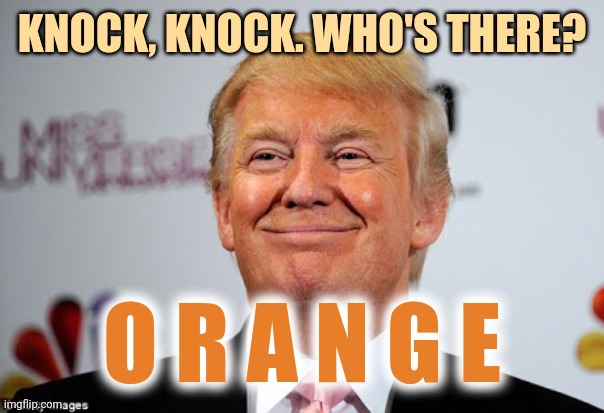 Don't answer the door... | KNOCK, KNOCK. WHO'S THERE? O R A N G E | image tagged in donald trump approves,knock knock,trump,orange,annoying orange | made w/ Imgflip meme maker