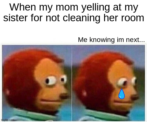 Monkey Puppet Meme | When my mom yelling at my sister for not cleaning her room; Me knowing im next... | image tagged in memes,monkey puppet | made w/ Imgflip meme maker