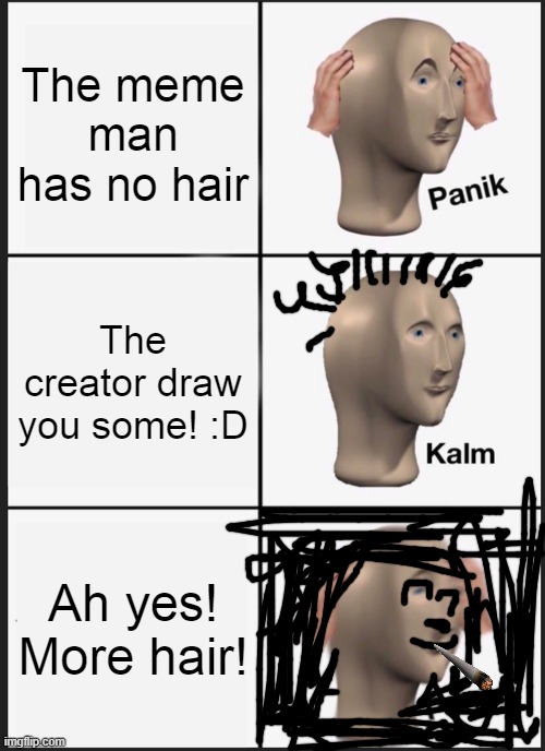 Panik Kalm Panik Meme | The meme man has no hair; The creator draw you some! :D; Ah yes! More hair! | image tagged in memes,panik kalm panik | made w/ Imgflip meme maker