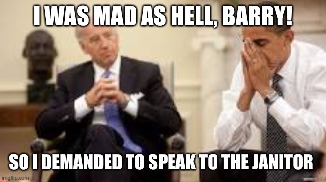 Joe Biden and Barry | I WAS MAD AS HELL, BARRY! SO I DEMANDED TO SPEAK TO THE JANITOR | image tagged in obama and biden | made w/ Imgflip meme maker
