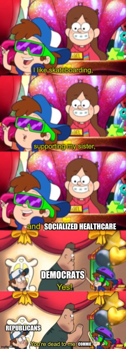 Politically Neutral Meme about Healthcare | SOCIALIZED HEALTHCARE; DEMOCRATS; REPUBLICANS; COMMIE | image tagged in dippy fresh i like extended,healthcare,health care | made w/ Imgflip meme maker