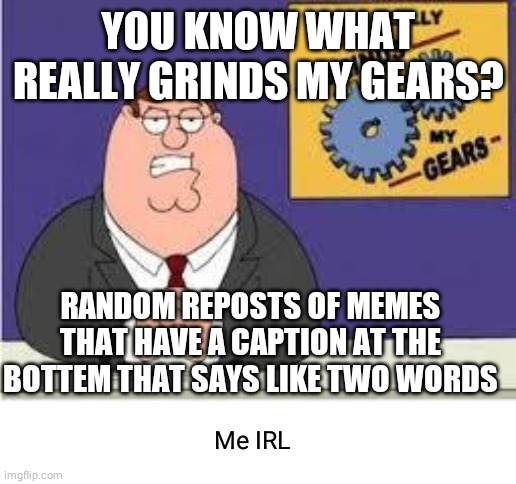 InStAgRaM | YOU KNOW WHAT REALLY GRINDS MY GEARS? RANDOM REPOSTS OF MEMES THAT HAVE A CAPTION AT THE BOTTEM THAT SAYS LIKE TWO WORDS; Me IRL | image tagged in you know what really grinds my gears,reposts,memes | made w/ Imgflip meme maker