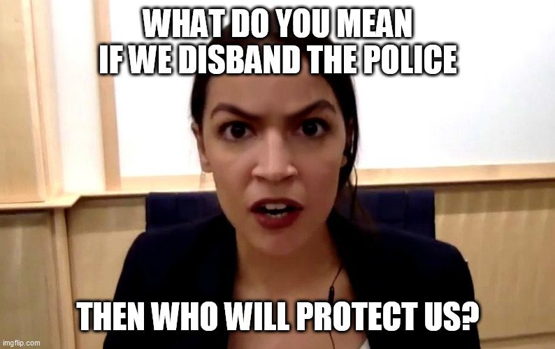 AOC confused... | WHAT DO YOU MEAN IF WE DISBAND THE POLICE; THEN WHO WILL PROTECT US? | image tagged in aoc,trump,biden,democrat,republican,memes | made w/ Imgflip meme maker