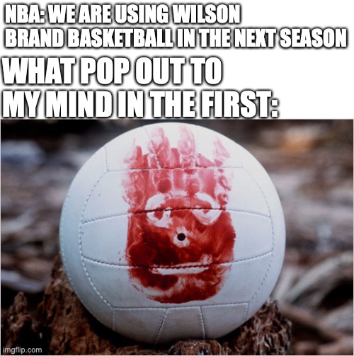Maybe this is the basketball the NBA players are using next season | NBA: WE ARE USING WILSON BRAND BASKETBALL IN THE NEXT SEASON; WHAT POP OUT TO MY MIND IN THE FIRST: | image tagged in wilson volleyball castaway,nba | made w/ Imgflip meme maker