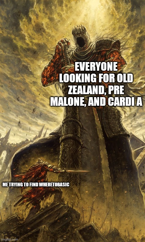 Eggselent | EVERYONE LOOKING FOR OLD ZEALAND, PRE MALONE, AND CARDI A; ME TRYING TO FIND WHERETOBASIC | image tagged in yhorm dark souls,howtobasic,cardi a,pre malone,old zealand | made w/ Imgflip meme maker