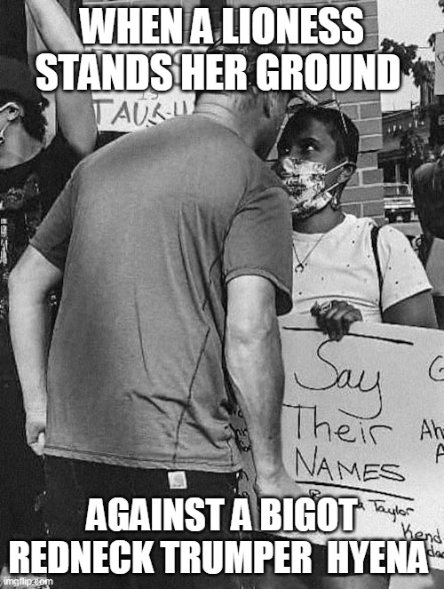 When Dump Trumpers can't intimidate anyone | WHEN A LIONESS STANDS HER GROUND; AGAINST A BIGOT REDNECK TRUMPER  HYENA | image tagged in donald trump,republicans,trump supporters,protesters | made w/ Imgflip meme maker