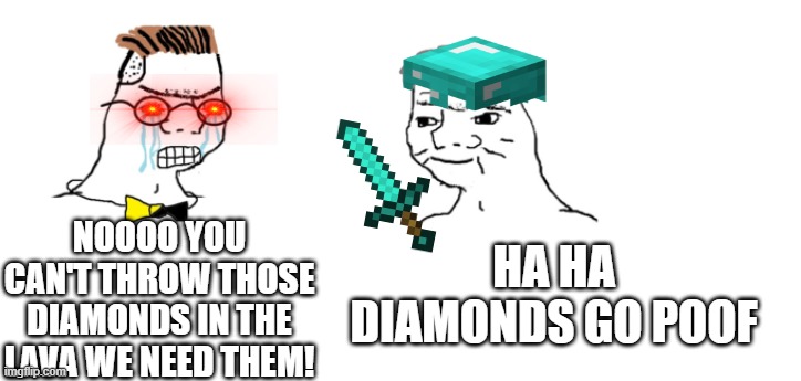 haha diamonds go poof | NOOOO YOU CAN'T THROW THOSE DIAMONDS IN THE LAVA WE NEED THEM! HA HA DIAMONDS GO POOF | image tagged in nooo haha go brrr | made w/ Imgflip meme maker