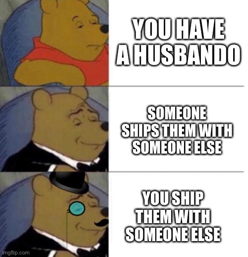 Tuxedo Winnie the Pooh (3 panel) |  YOU HAVE A HUSBANDO; SOMEONE SHIPS THEM WITH SOMEONE ELSE; YOU SHIP THEM WITH SOMEONE ELSE | image tagged in tuxedo winnie the pooh 3 panel,husbando,ship,anime,waifu,manga | made w/ Imgflip meme maker