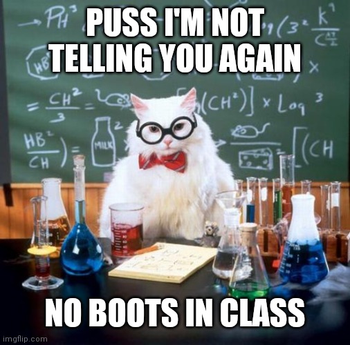Chemistry Cat | PUSS I'M NOT TELLING YOU AGAIN; NO BOOTS IN CLASS | image tagged in memes,chemistry cat | made w/ Imgflip meme maker