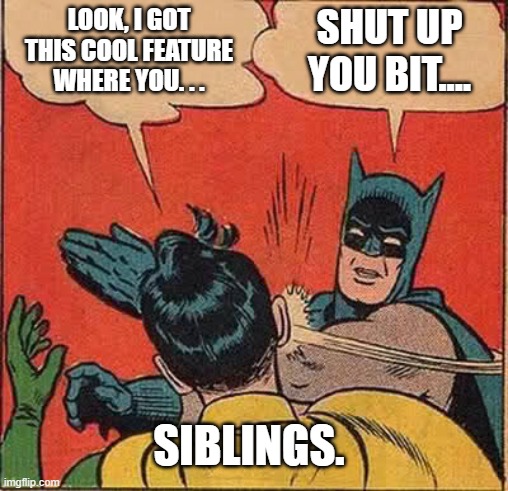 Batman Slapping Robin | LOOK, I GOT THIS COOL FEATURE WHERE YOU. . . SHUT UP YOU BIT.... SIBLINGS. | image tagged in memes,batman slapping robin | made w/ Imgflip meme maker