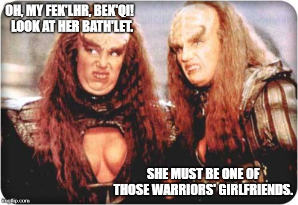 klingon females | OH, MY FEK'LHR, BEK'QI!   LOOK AT HER BATH'LET. SHE MUST BE ONE OF THOSE WARRIORS' GIRLFRIENDS. | image tagged in klingon females | made w/ Imgflip meme maker