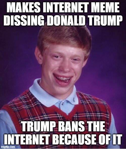 This can happen! Be careful | MAKES INTERNET MEME DISSING DONALD TRUMP; TRUMP BANS THE INTERNET BECAUSE OF IT | image tagged in memes,bad luck brian | made w/ Imgflip meme maker