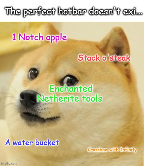 im posting this on the cats | The perfect hotbar doesn't exi... 1 Notch apple; Stack o'steak; Enchanted Netherite tools; A water bucket; Crossbow with Infinity | image tagged in memes,doge | made w/ Imgflip meme maker
