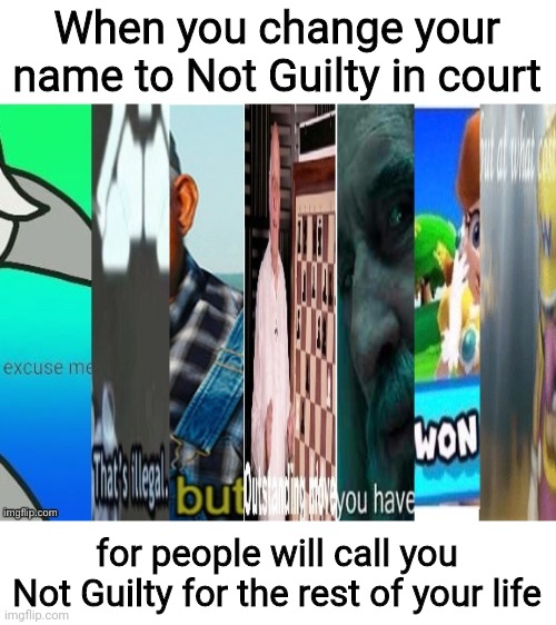 My name is Not Guilty | When you change your name to Not Guilty in court; for people will call you Not Guilty for the rest of your life | image tagged in excuse me that's illegal | made w/ Imgflip meme maker