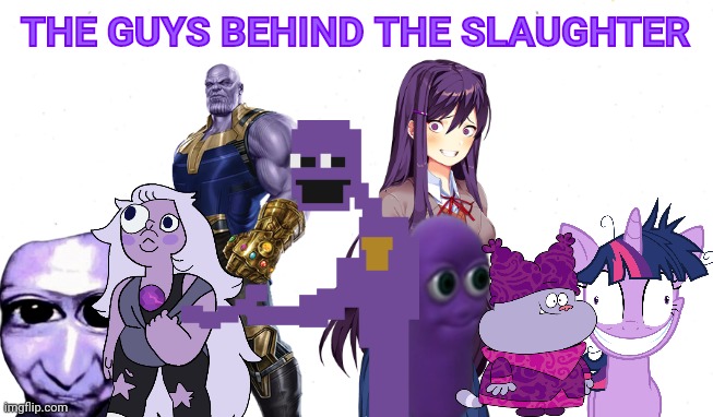 Epic crossover meme | THE GUYS BEHIND THE SLAUGHTER | image tagged in five nights at freddys,fnaf,purple guy,the man behind the slaughter,crossover,memes | made w/ Imgflip meme maker
