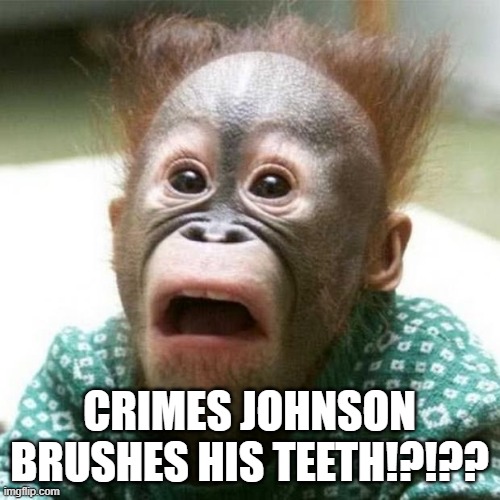 Shocked Monkey | CRIMES JOHNSON BRUSHES HIS TEETH!?!?? | image tagged in shocked monkey | made w/ Imgflip meme maker