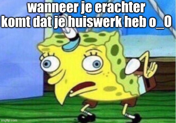 Mocking Spongebob | wanneer je erachter komt dat je huiswerk heb o_O | image tagged in memes,mocking spongebob | made w/ Imgflip meme maker