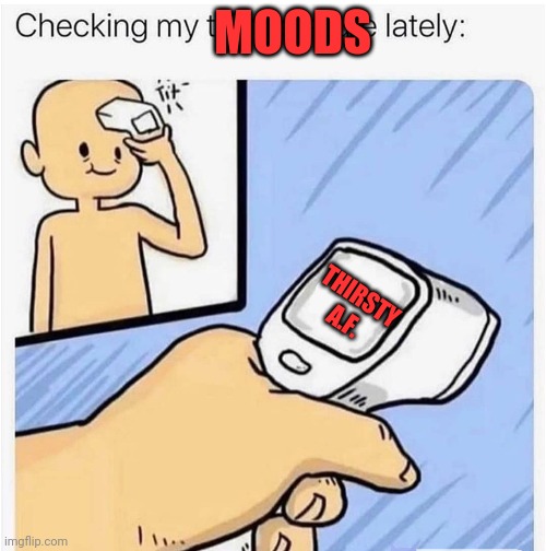 Checking my temperature | MOODS; THIRSTY A.F. | image tagged in checking my temperature | made w/ Imgflip meme maker