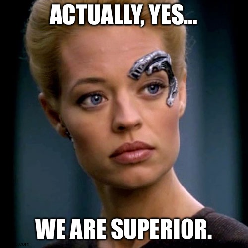 Seven of Nine Serious | ACTUALLY, YES…; WE ARE SUPERIOR. | image tagged in seven of nine serious | made w/ Imgflip meme maker