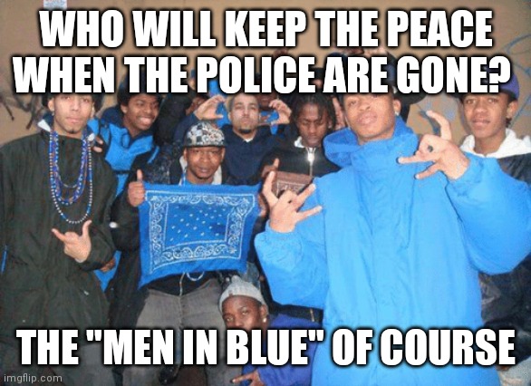 Crips rheumatoid arthritis convention. | WHO WILL KEEP THE PEACE WHEN THE POLICE ARE GONE? THE "MEN IN BLUE" OF COURSE | image tagged in crips rheumatoid arthritis convention | made w/ Imgflip meme maker