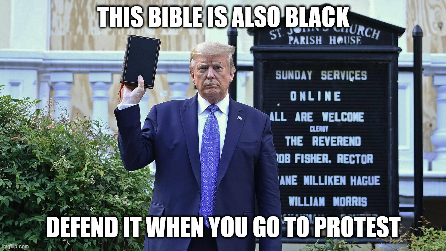 This bible is black | THIS BIBLE IS ALSO BLACK; DEFEND IT WHEN YOU GO TO PROTEST | image tagged in trumps bible,george floyd,black lives matter,memes | made w/ Imgflip meme maker