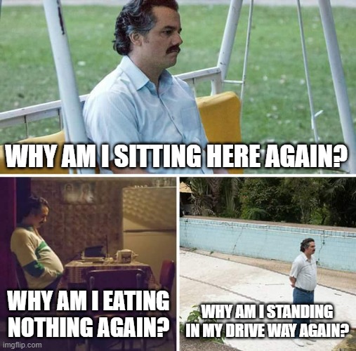 Why did I make this again? | WHY AM I SITTING HERE AGAIN? WHY AM I EATING NOTHING AGAIN? WHY AM I STANDING IN MY DRIVE WAY AGAIN? | image tagged in memes,sad pablo escobar | made w/ Imgflip meme maker