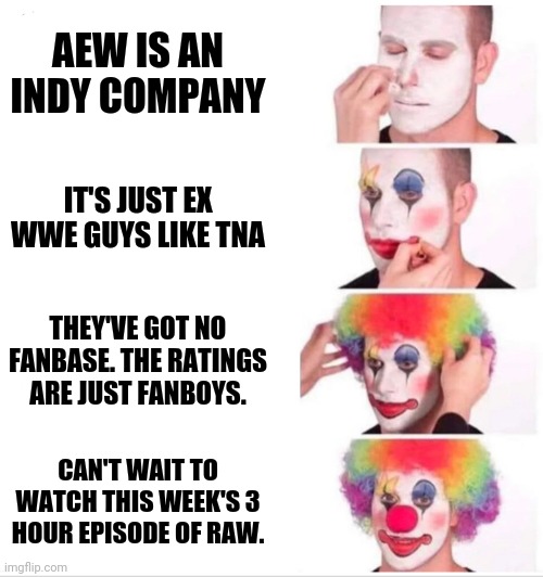 WWE Fanboys | AEW IS AN INDY COMPANY; IT'S JUST EX WWE GUYS LIKE TNA; THEY'VE GOT NO FANBASE. THE RATINGS ARE JUST FANBOYS. CAN'T WAIT TO WATCH THIS WEEK'S 3 HOUR EPISODE OF RAW. | image tagged in clown applying makeup,aew,wwe | made w/ Imgflip meme maker