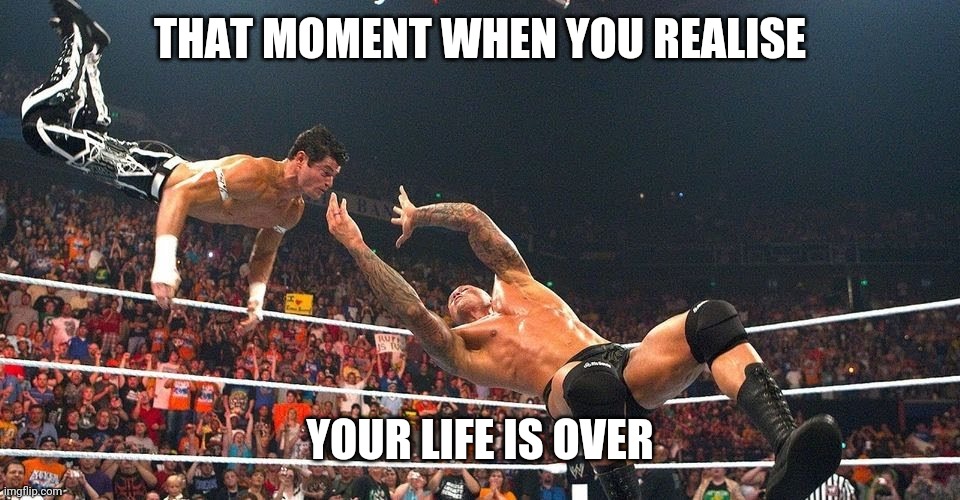 RKO in midair | THAT MOMENT WHEN YOU REALISE; YOUR LIFE IS OVER | image tagged in rko in midair | made w/ Imgflip meme maker