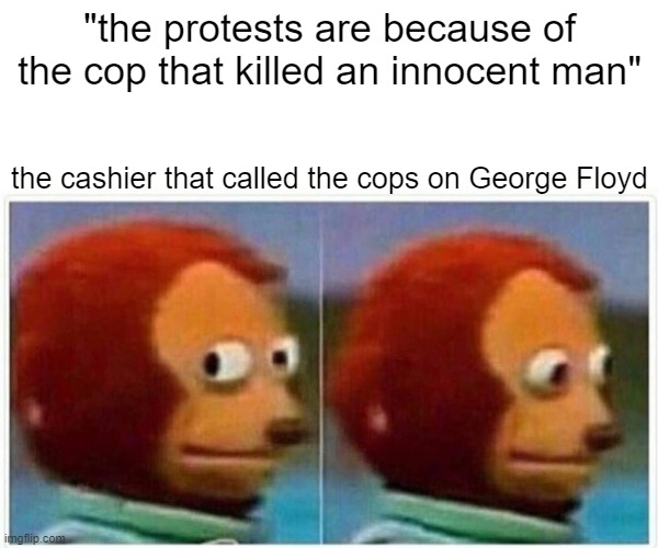 nobody actually realised | "the protests are because of the cop that killed an innocent man"; the cashier that called the cops on George Floyd | image tagged in memes,monkey puppet | made w/ Imgflip meme maker