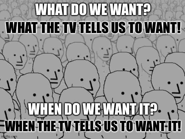 Groupthink | WHAT DO WE WANT? WHAT THE TV TELLS US TO WANT! WHEN DO WE WANT IT? WHEN THE TV TELLS US TO WANT IT! | image tagged in npc crowd,politics,political meme,political,groupthink,political correctness | made w/ Imgflip meme maker