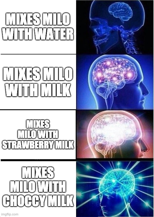 Expanding Brain | MIXES MILO WITH WATER; MIXES MILO WITH MILK; MIXES MILO WITH STRAWBERRY MILK; MIXES MILO WITH CHOCCY MILK | image tagged in memes,expanding brain | made w/ Imgflip meme maker