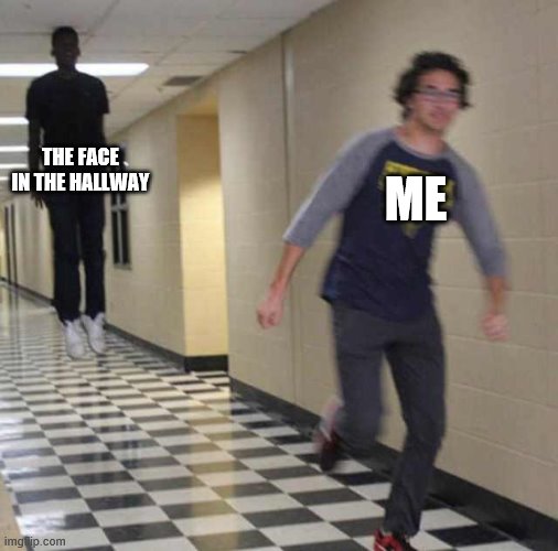 trevor henderson be like | THE FACE IN THE HALLWAY; ME | image tagged in floating boy chasing running boy | made w/ Imgflip meme maker