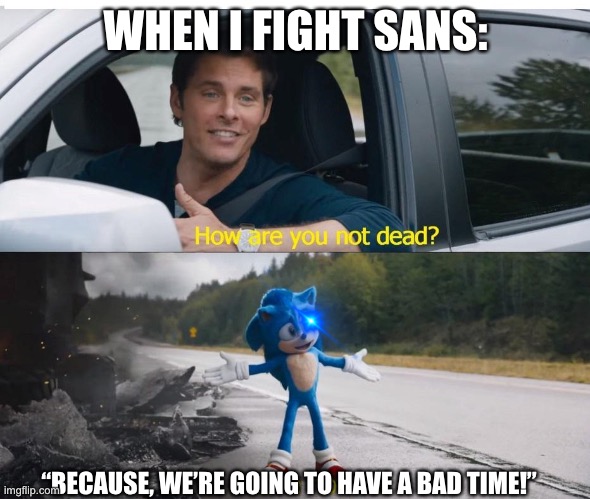 Sans boss fight | WHEN I FIGHT SANS:; “BECAUSE, WE’RE GOING TO HAVE A BAD TIME!” | image tagged in sonic how are you not dead | made w/ Imgflip meme maker