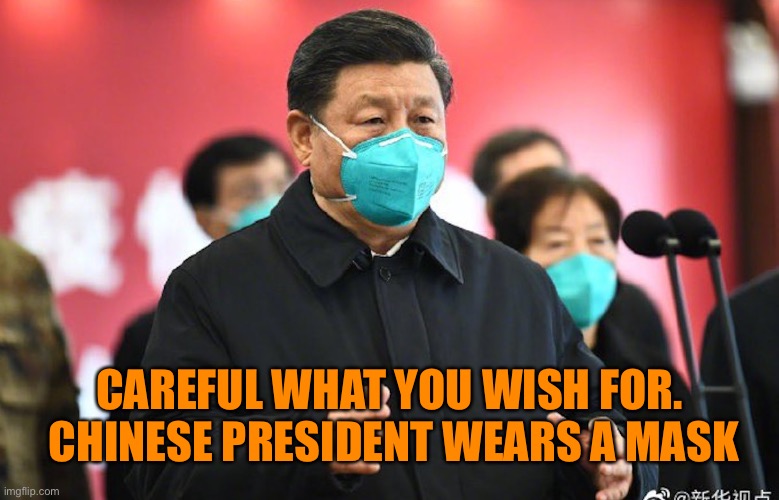 CAREFUL WHAT YOU WISH FOR.  CHINESE PRESIDENT WEARS A MASK | made w/ Imgflip meme maker