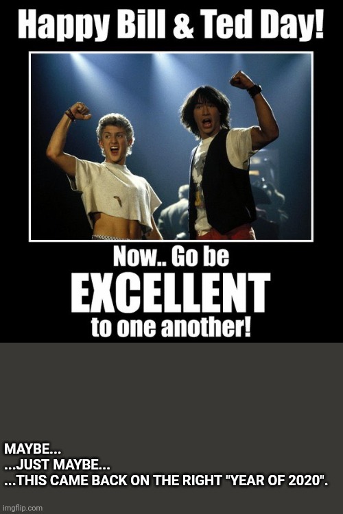 Bill And Ted Esquires. Wyld Stallyns. | MAYBE...
...JUST MAYBE...
...THIS CAME BACK ON THE RIGHT "YEAR OF 2020". | image tagged in funny memes,2020 | made w/ Imgflip meme maker