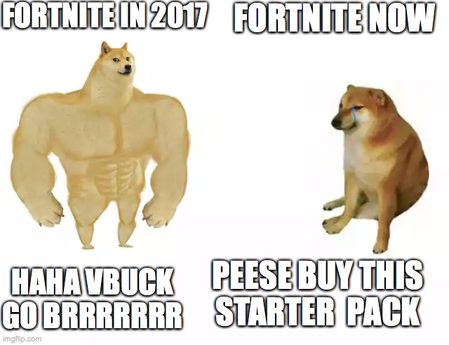 Buff Doge vs. Cheems Meme | FORTNITE IN 2017; FORTNITE NOW; PEESE BUY THIS STARTER  PACK; HAHA VBUCK GO BRRRRRRR | image tagged in buff doge vs cheems | made w/ Imgflip meme maker