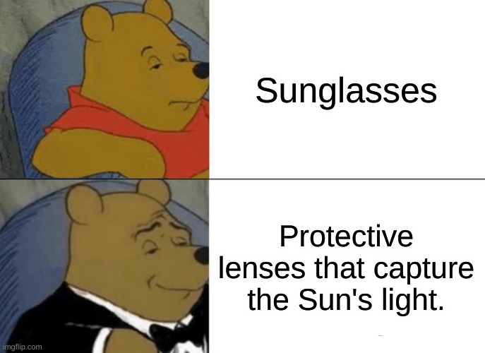 Its Better Than Sunglasses | Sunglasses; Protective lenses that capture the Sun's light. | image tagged in memes,tuxedo winnie the pooh | made w/ Imgflip meme maker