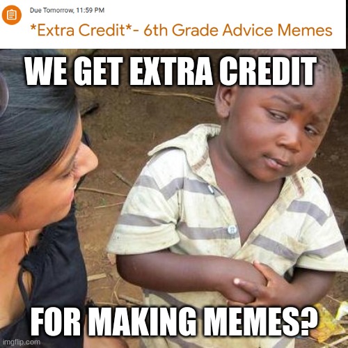 Extra credit for making memes? | WE GET EXTRA CREDIT; FOR MAKING MEMES? | image tagged in memes,third world skeptical kid | made w/ Imgflip meme maker