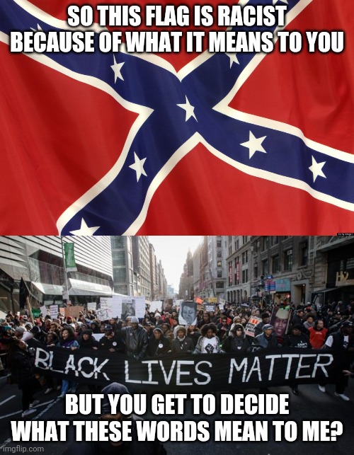 BLM excludes every race but African Americans and that's not equality | SO THIS FLAG IS RACIST BECAUSE OF WHAT IT MEANS TO YOU; BUT YOU GET TO DECIDE WHAT THESE WORDS MEAN TO ME? | image tagged in confederate flag,black lives matter | made w/ Imgflip meme maker