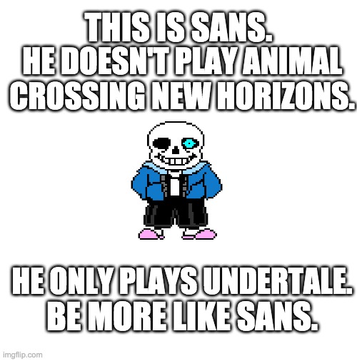 blank | THIS IS SANS. HE DOESN'T PLAY ANIMAL CROSSING NEW HORIZONS. HE ONLY PLAYS UNDERTALE. BE MORE LIKE SANS. | image tagged in blank | made w/ Imgflip meme maker