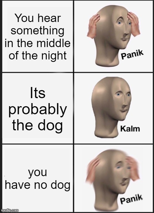 Panik Kalm Panik | You hear something in the middle of the night; Its probably the dog; you have no dog | image tagged in memes,panik kalm panik | made w/ Imgflip meme maker