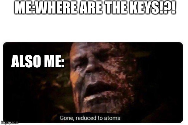 gone reduced to atoms | ME:WHERE ARE THE KEYS!?! ALSO ME: | image tagged in gone reduced to atoms | made w/ Imgflip meme maker