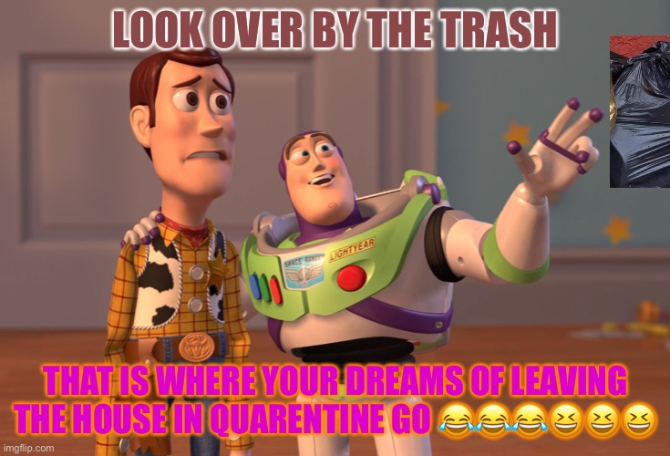 I am buzz | LOOK OVER BY THE TRASH; THAT IS WHERE YOUR DREAMS OF LEAVING THE HOUSE IN QUARENTINE GO 😂😂😂😆😆😆 | image tagged in memes,x x everywhere | made w/ Imgflip meme maker