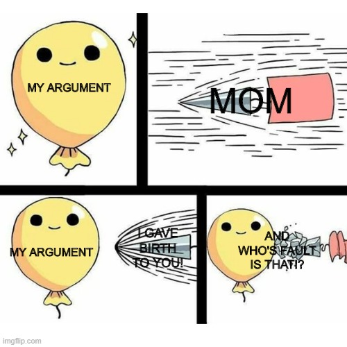 How to win an argument against mom? | MOM; MY ARGUMENT; AND WHO'S FAULT IS THAT!? I GAVE BIRTH TO YOU! MY ARGUMENT | image tagged in memes | made w/ Imgflip meme maker