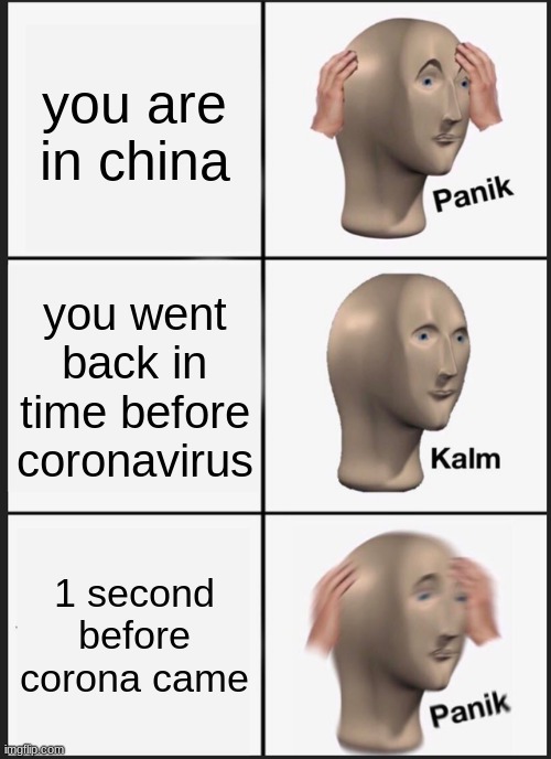oh no | you are in china; you went back in time before coronavirus; 1 second before corona came | image tagged in memes,panik kalm panik | made w/ Imgflip meme maker