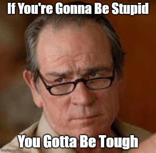 If You're Gonna Be Stupid | If You're Gonna Be Stupid; You Gotta Be Tough | image tagged in my face when someone asks a stupid question | made w/ Imgflip meme maker