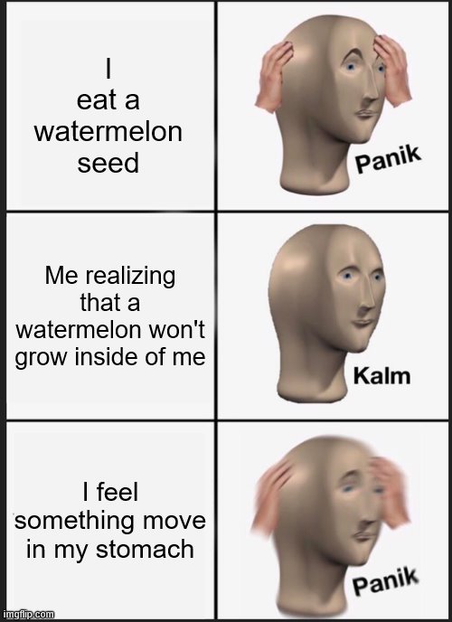 anyone else scared of this | I eat a watermelon seed; Me realizing that a watermelon won't grow inside of me; I feel something move in my stomach | image tagged in memes,panik kalm panik | made w/ Imgflip meme maker