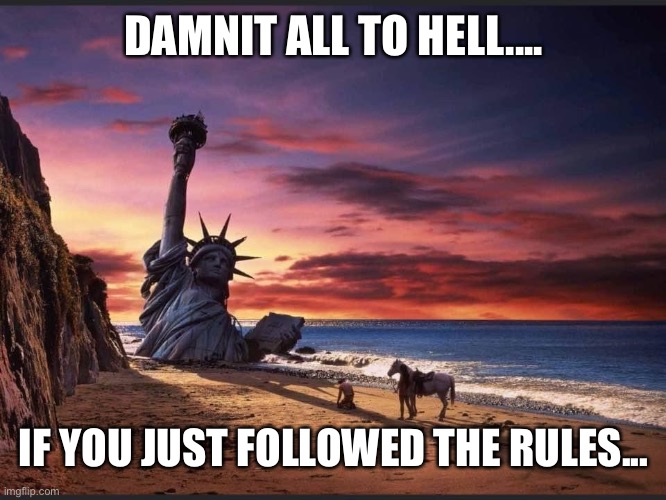 Following the rules | DAMNIT ALL TO HELL.... IF YOU JUST FOLLOWED THE RULES... | image tagged in planet of the apes | made w/ Imgflip meme maker