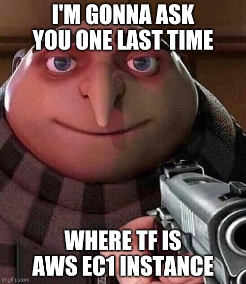 Gru Pointing Gun | I'M GONNA ASK YOU ONE LAST TIME; WHERE TF IS AWS EC1 INSTANCE | image tagged in gru pointing gun | made w/ Imgflip meme maker